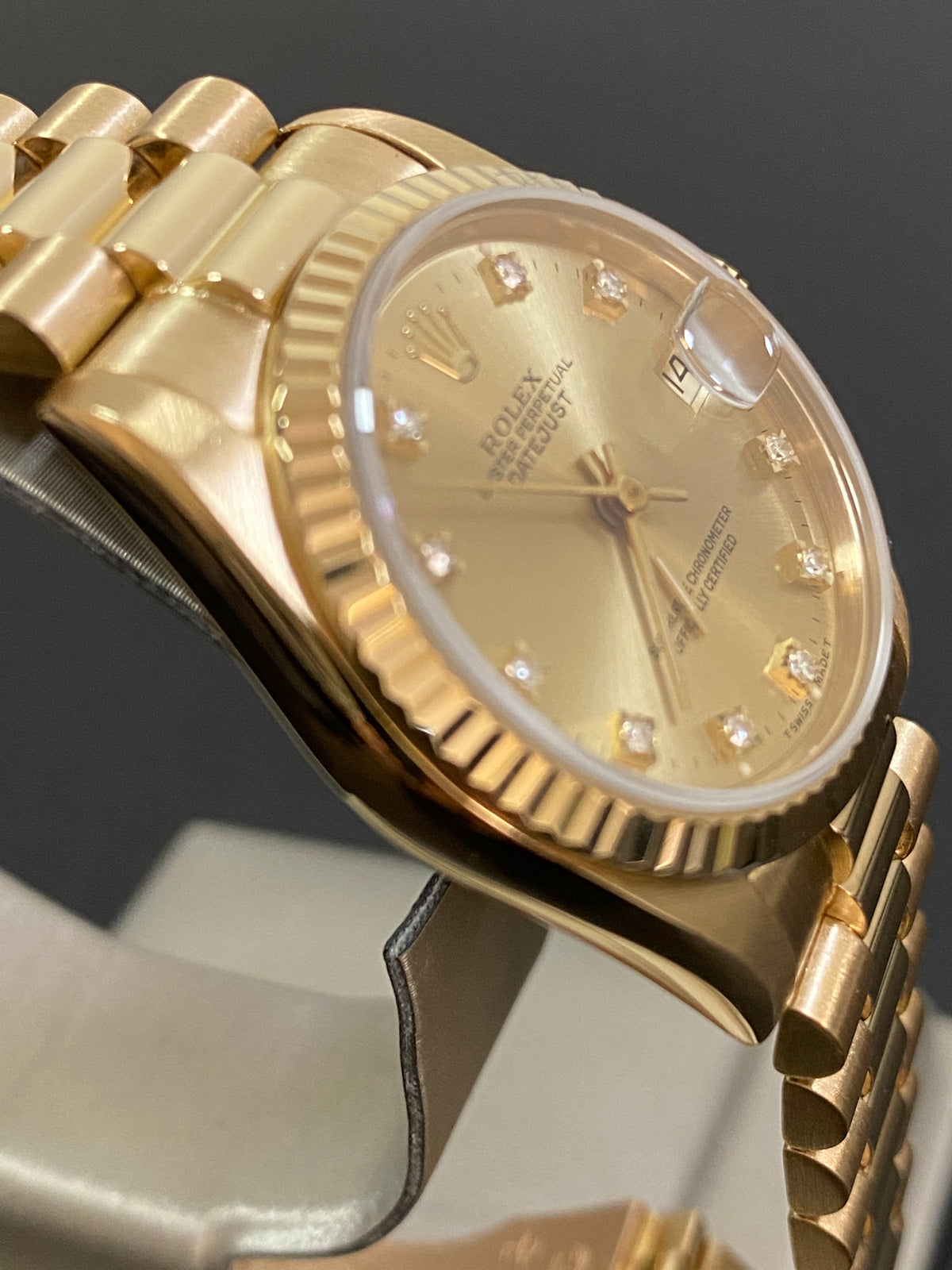 Rolex Yellow Gold Datejust 31 - Fluted Bezel - Factory Diamond Dial - President Bracelet - 68278 COMPLETE