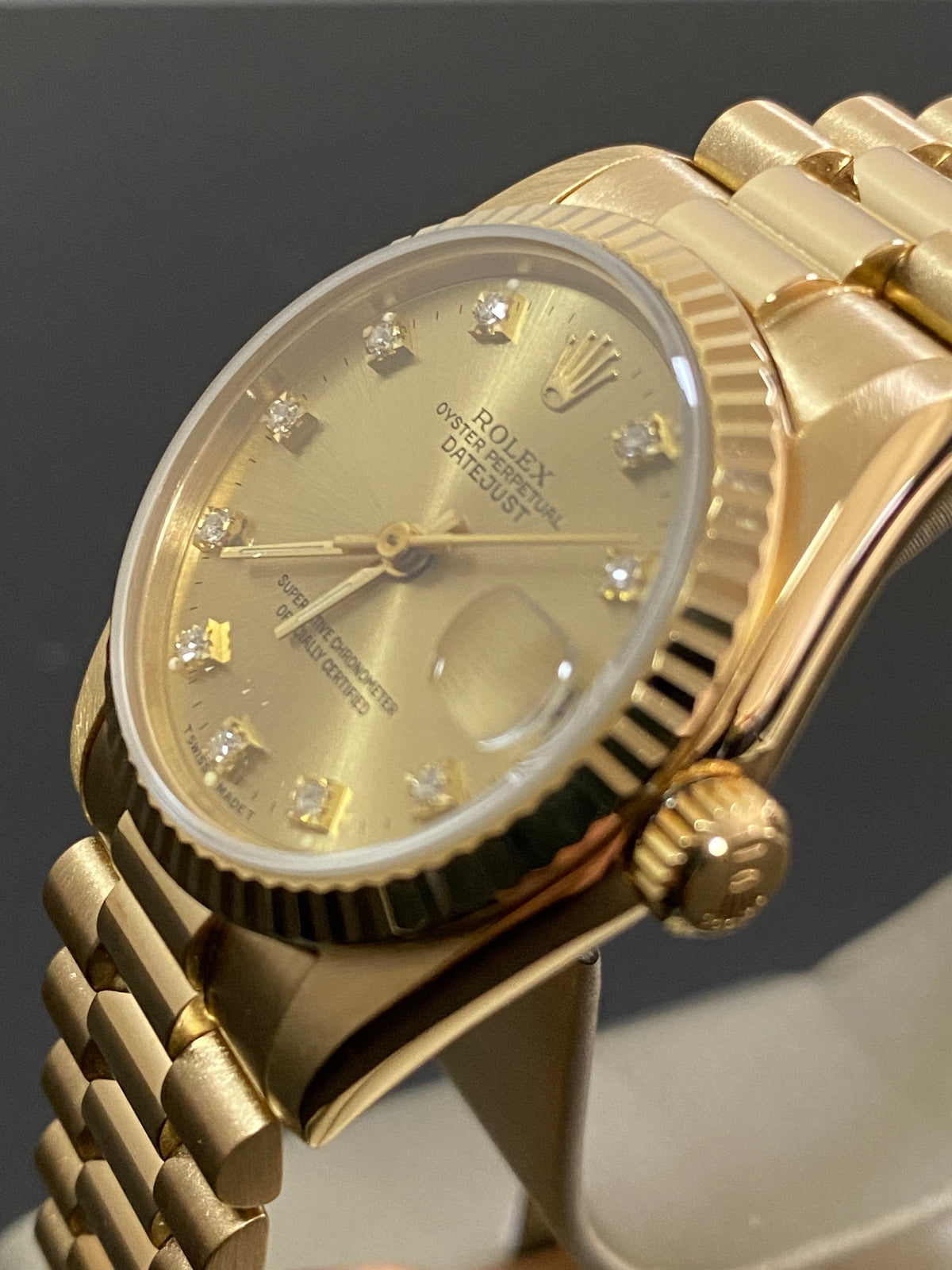 Rolex Yellow Gold Datejust 31 - Fluted Bezel - Factory Diamond Dial - President Bracelet - 68278 COMPLETE