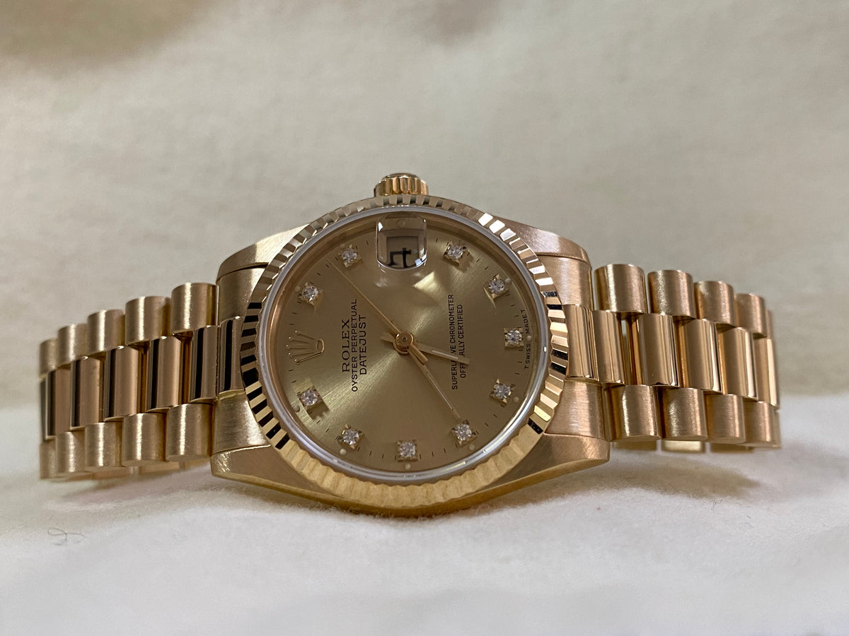 Rolex Yellow Gold Datejust 31 - Fluted Bezel - Factory Diamond Dial - President Bracelet - 68278 COMPLETE