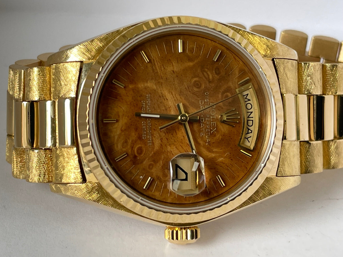 Rolex Yellow Gold Day-Date 36 - Fluted Bezel - Factory Wood Dial - President Bracelet - 18038