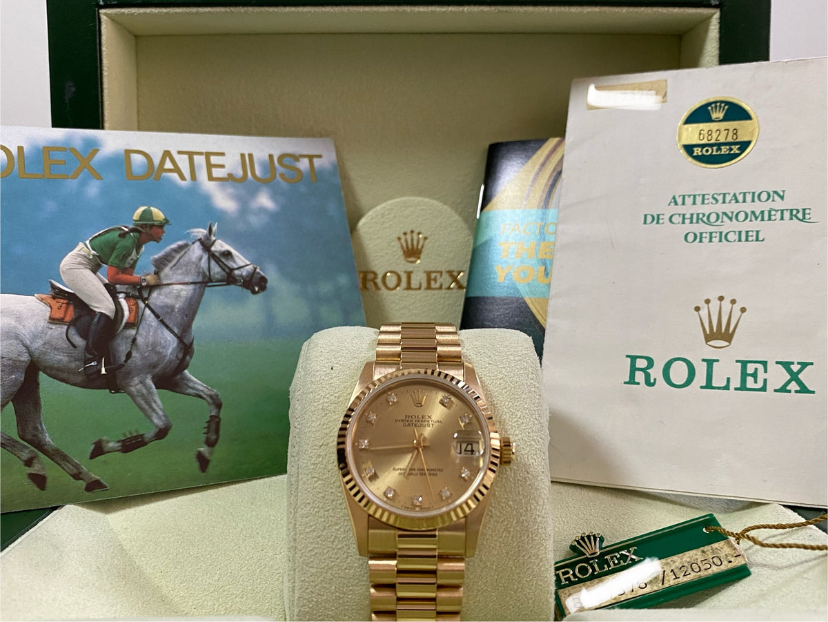 Rolex Yellow Gold Datejust 31 - Fluted Bezel - Factory Diamond Dial - President Bracelet - 68278 COMPLETE