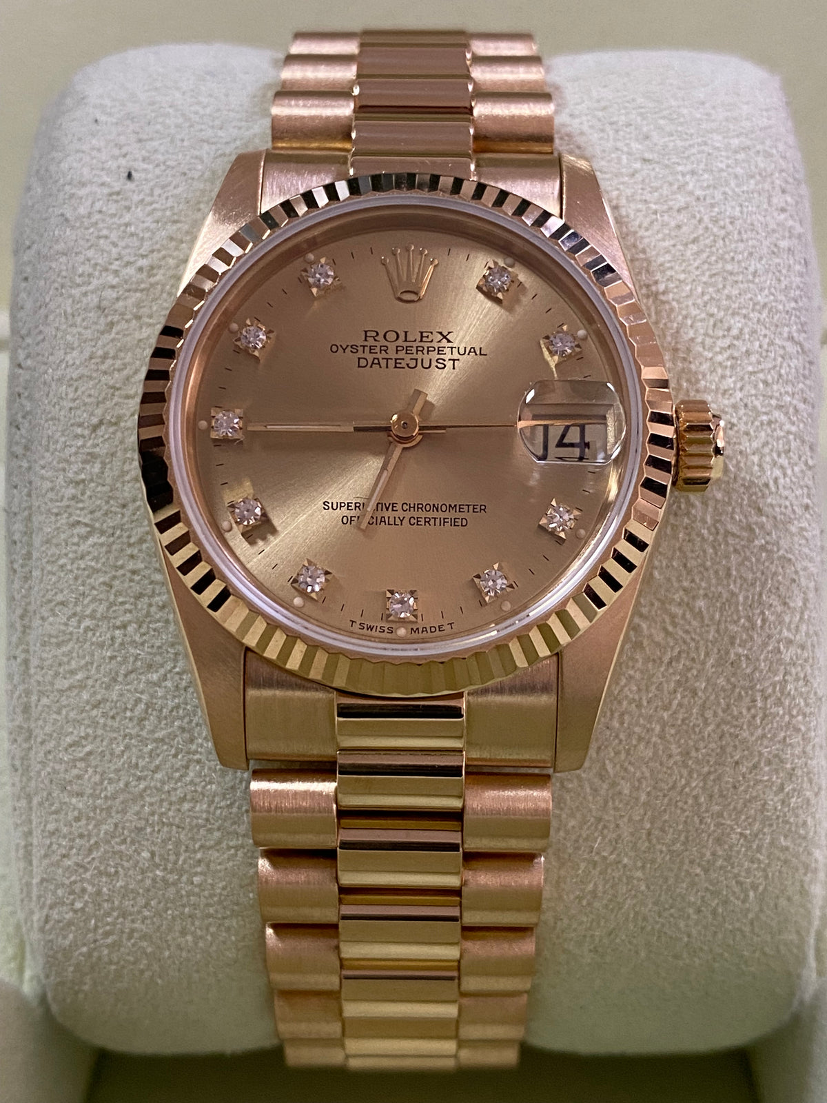 Rolex Yellow Gold Datejust 31 - Fluted Bezel - Factory Diamond Dial - President Bracelet - 68278 COMPLETE