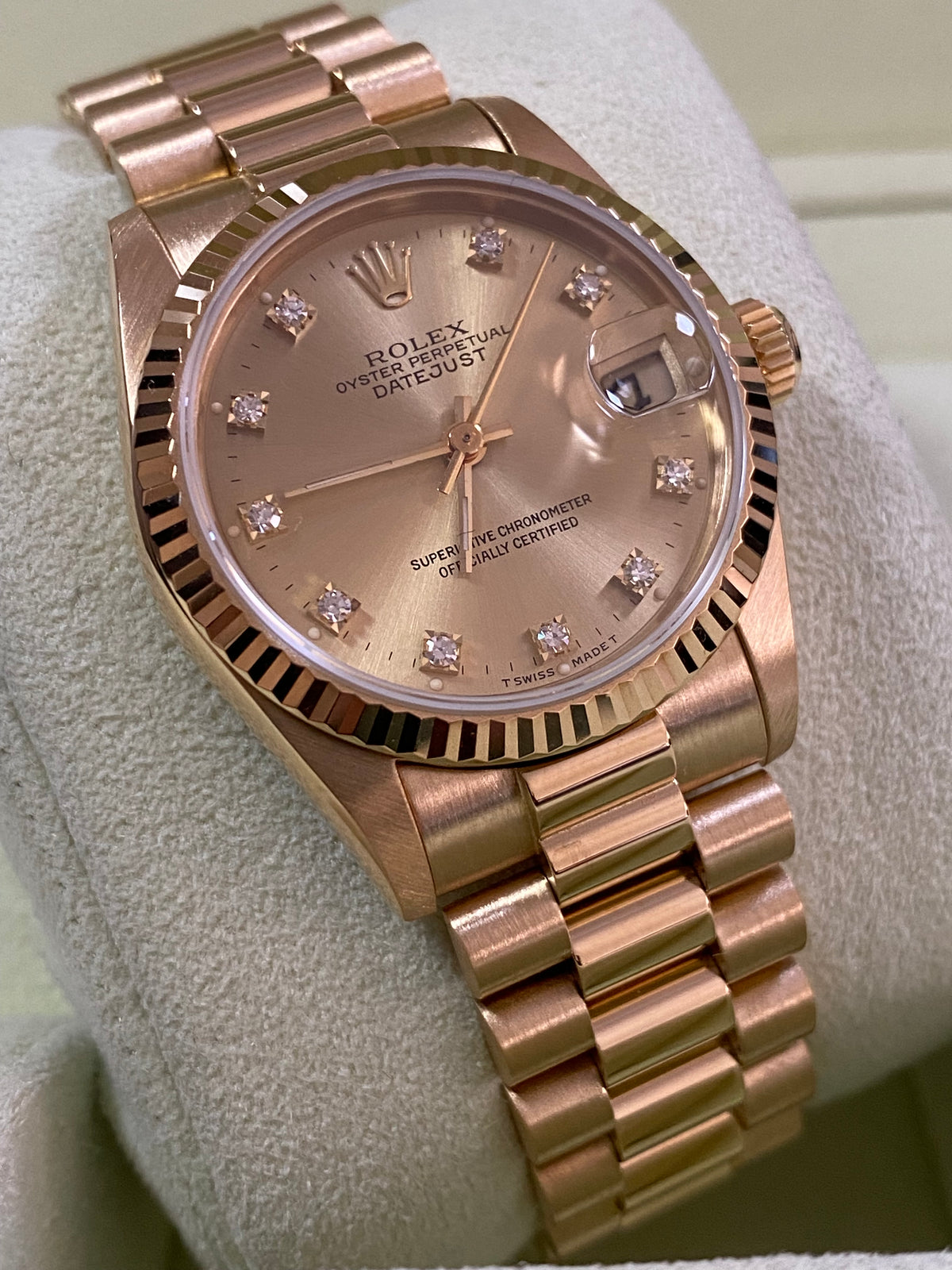 Rolex Yellow Gold Datejust 31 - Fluted Bezel - Factory Diamond Dial - President Bracelet - 68278 COMPLETE