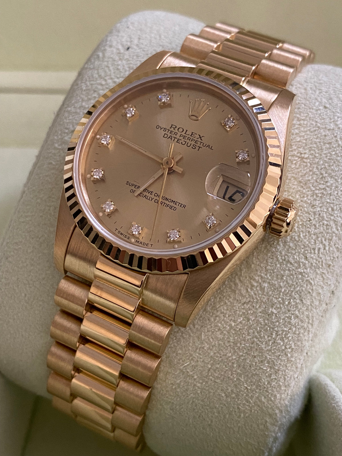 Rolex Yellow Gold Datejust 31 - Fluted Bezel - Factory Diamond Dial - President Bracelet - 68278 COMPLETE