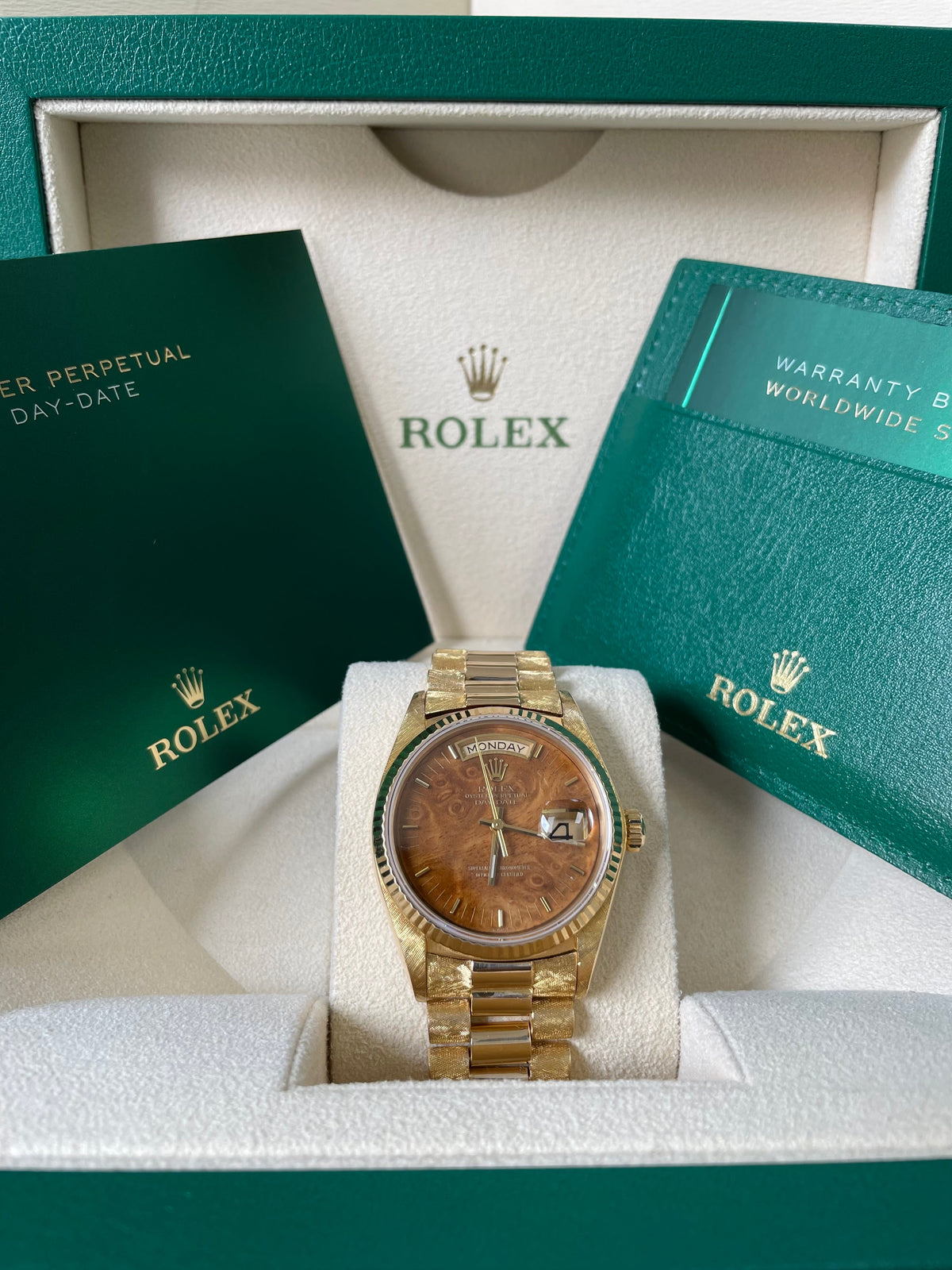 Rolex Yellow Gold Day-Date 36 - Fluted Bezel - Factory Wood Dial - President Bracelet - 18038