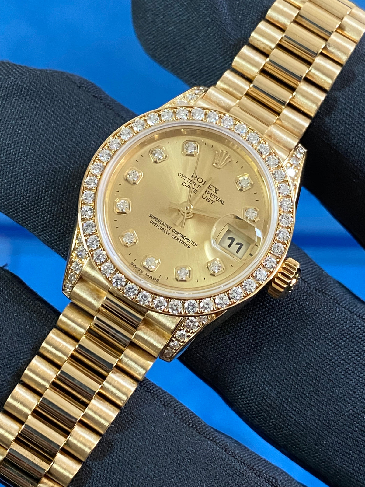 Rolex Yellow Gold Lady-Datejust - P serial -Factory Diamond Dial, Bezel and Lugs- President Bracelet - 79158 "Crown Collection" COMPLETE SET