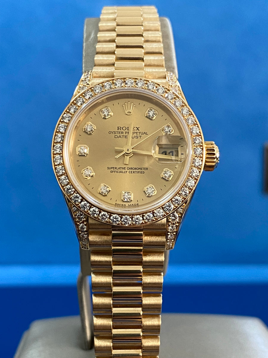 Rolex Yellow Gold Lady-Datejust - P serial -Factory Diamond Dial, Bezel and Lugs- President Bracelet - 79158 "Crown Collection" COMPLETE SET