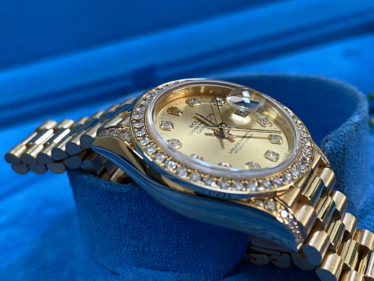 Rolex Yellow Gold Lady-Datejust - P serial -Factory Diamond Dial, Bezel and Lugs- President Bracelet - 79158 "Crown Collection" COMPLETE SET