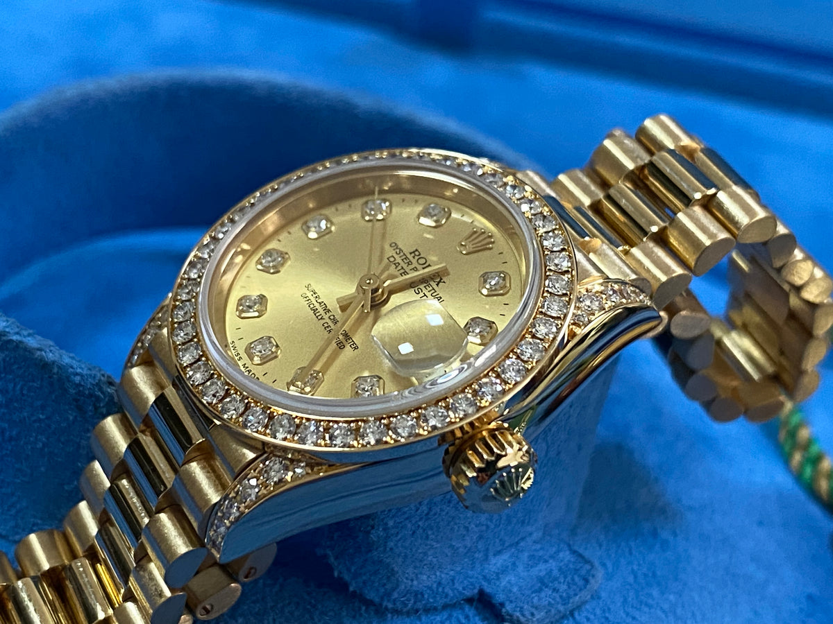 Rolex Yellow Gold Lady-Datejust - P serial -Factory Diamond Dial, Bezel and Lugs- President Bracelet - 79158 "Crown Collection" COMPLETE SET