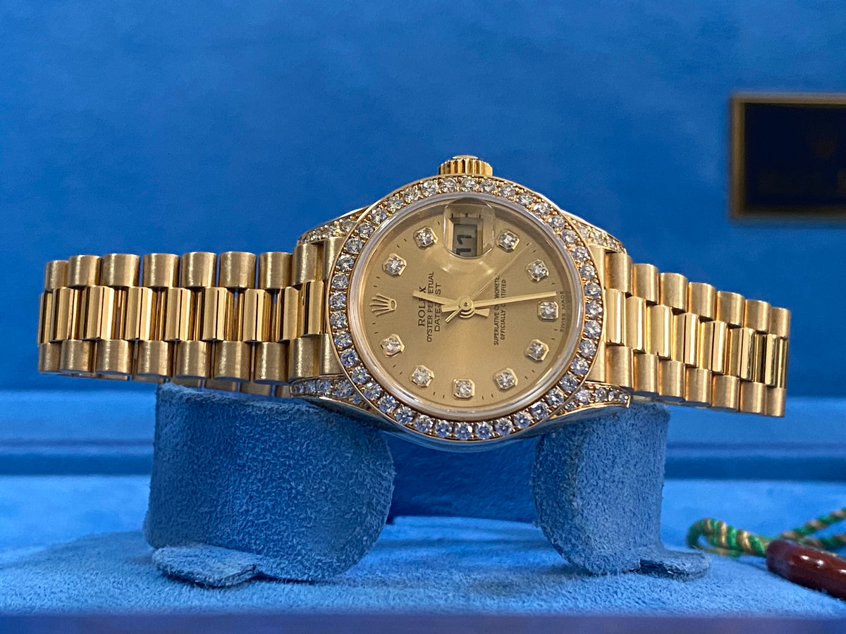 Rolex Yellow Gold Lady-Datejust - P serial -Factory Diamond Dial, Bezel and Lugs- President Bracelet - 79158 "Crown Collection" COMPLETE SET