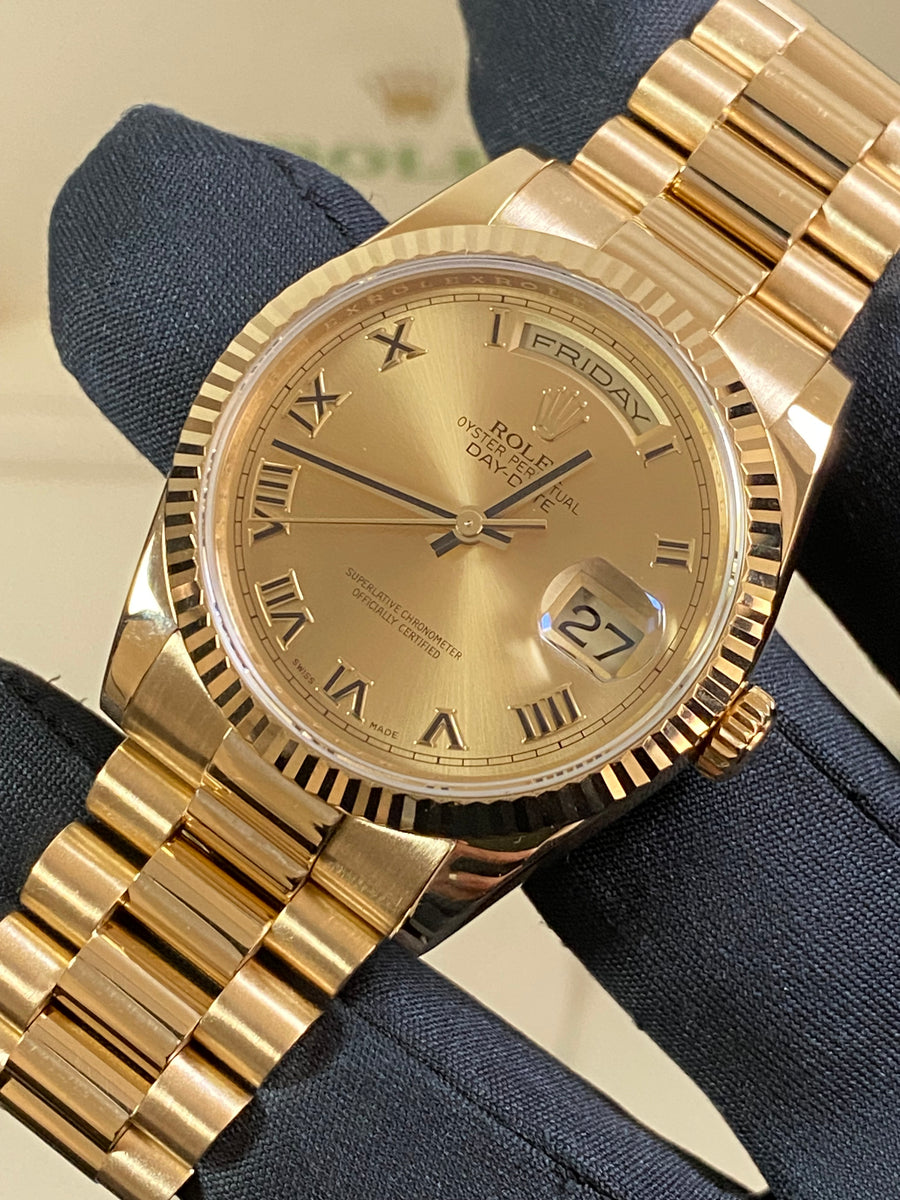 Rolex Yellow Gold Day-Date 36 - M Serial - Fluted Bezel - Champagne Roman Dial - President Bracelet - 118238