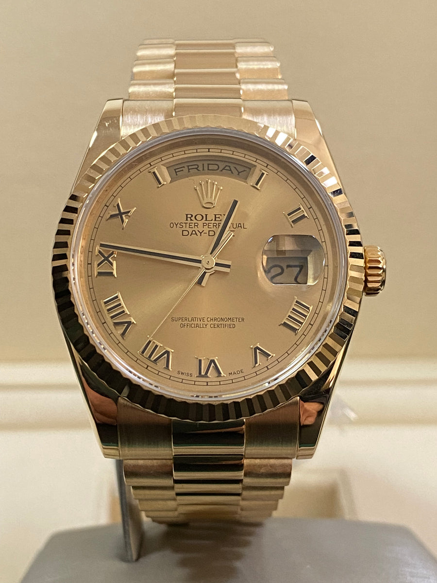 Rolex Yellow Gold Day-Date 36 - M Serial - Fluted Bezel - Champagne Roman Dial - President Bracelet - 118238