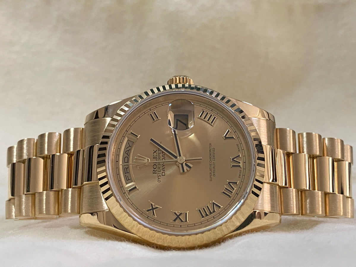 Rolex Yellow Gold Day-Date 36 - M Serial - Fluted Bezel - Champagne Roman Dial - President Bracelet - 118238