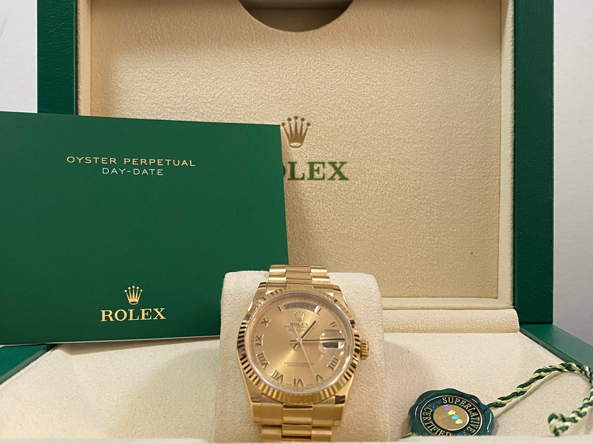 Rolex Yellow Gold Day-Date 36 - M Serial - Fluted Bezel - Champagne Roman Dial - President Bracelet - 118238