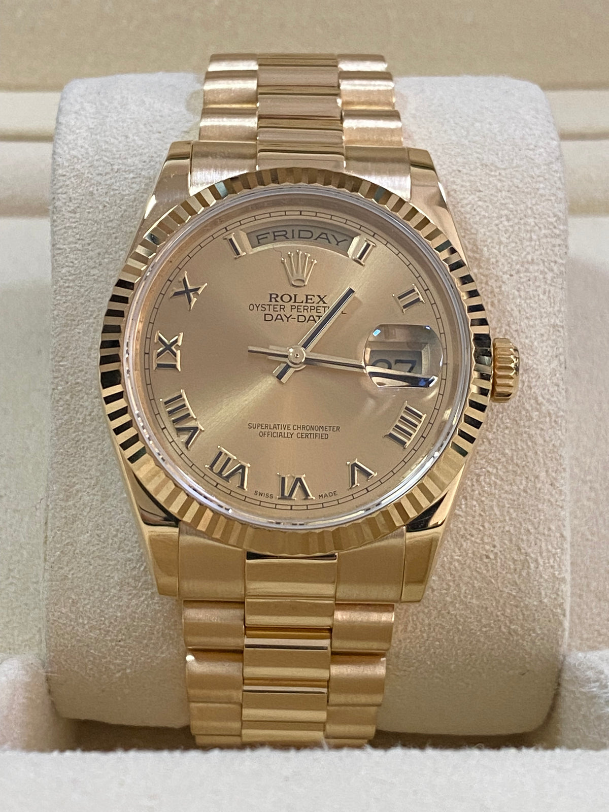 Rolex Yellow Gold Day-Date 36 - M Serial - Fluted Bezel - Champagne Roman Dial - President Bracelet - 118238