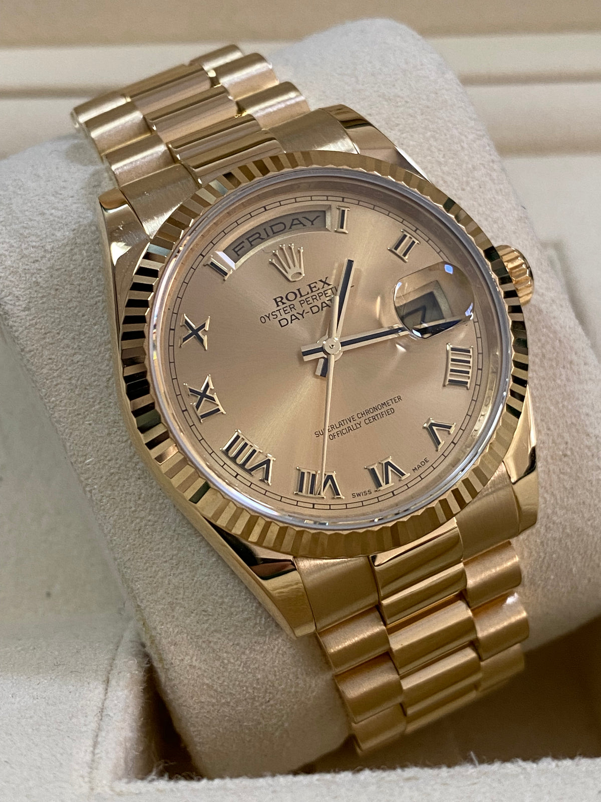 Rolex Yellow Gold Day-Date 36 - M Serial - Fluted Bezel - Champagne Roman Dial - President Bracelet - 118238