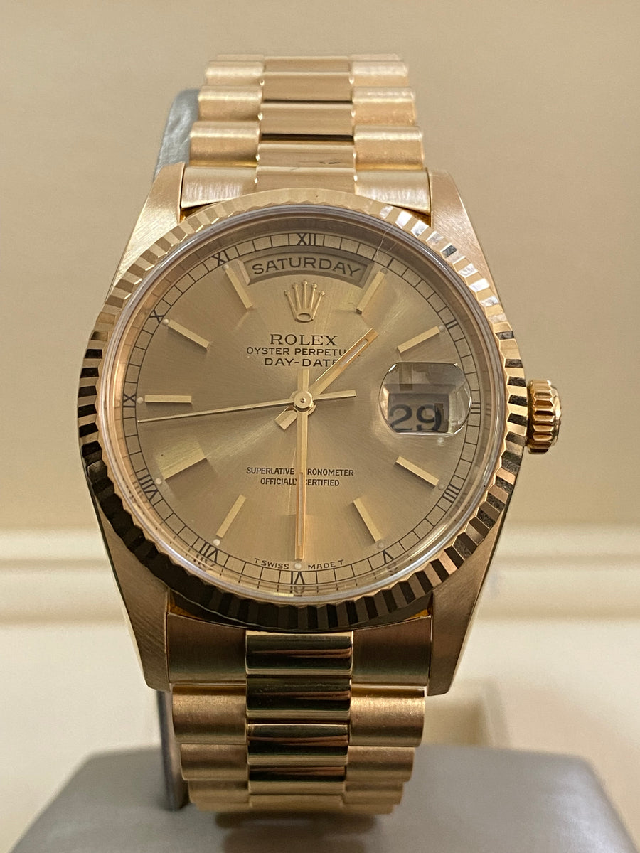 Rolex Yellow Gold Day-Date 36 Double-Quickset - T serial - Fluted Bezel - Champagne Index Dial - President Bracelet - 18238