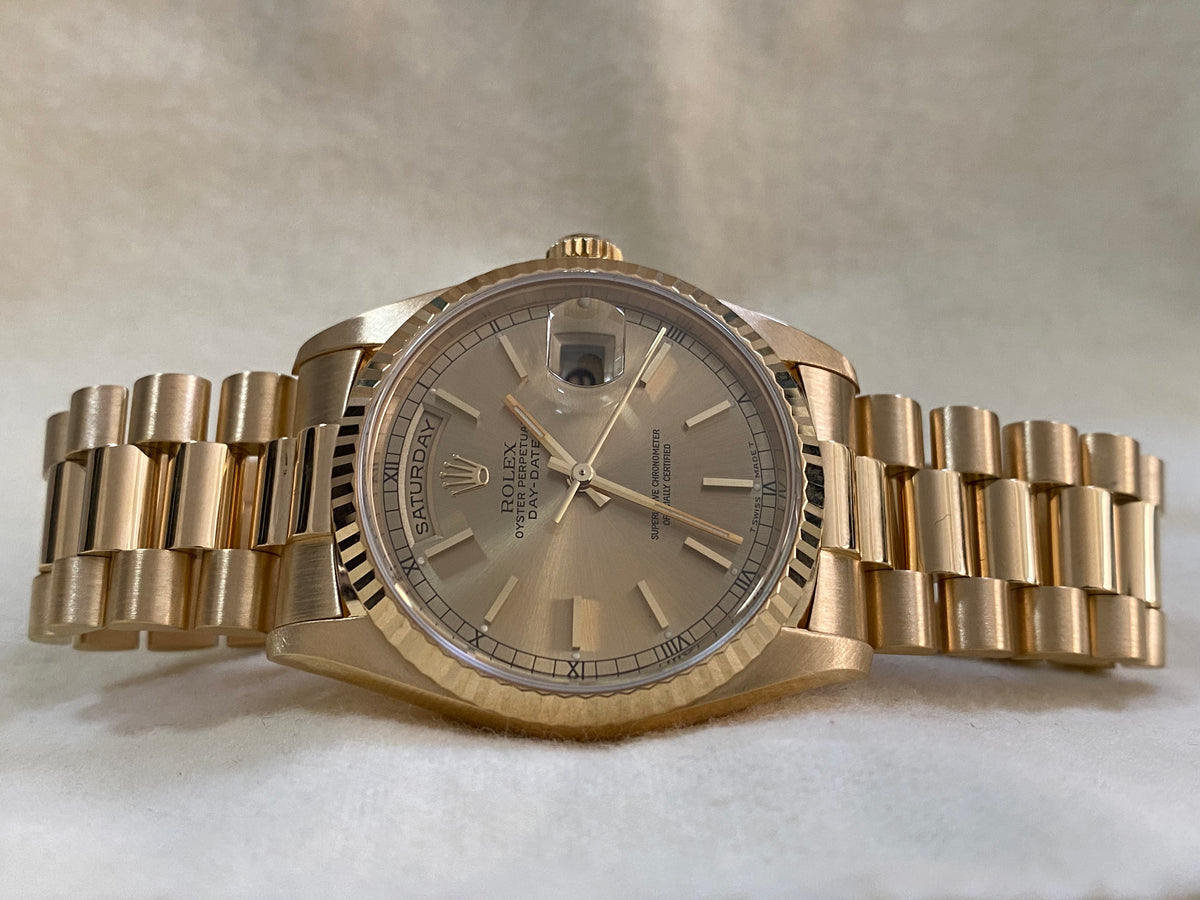 Rolex Yellow Gold Day-Date 36 Double-Quickset - T serial - Fluted Bezel - Champagne Index Dial - President Bracelet - 18238