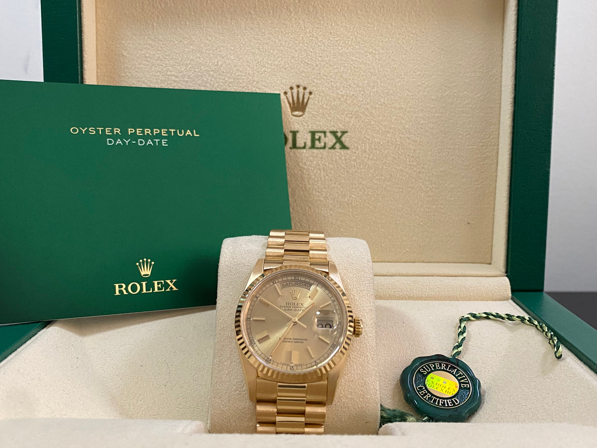 Rolex Yellow Gold Day-Date 36 Double-Quickset - T serial - Fluted Bezel - Champagne Index Dial - President Bracelet - 18238