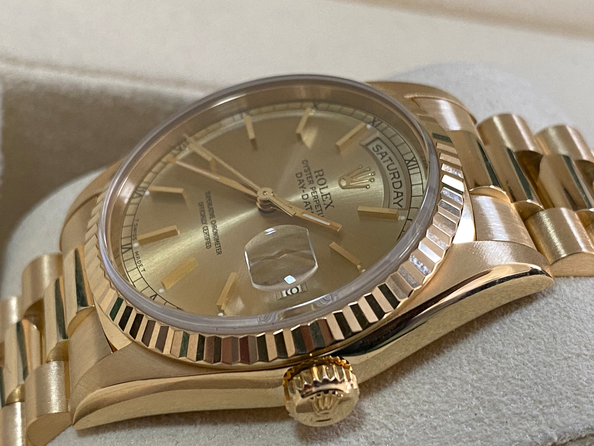 Rolex Yellow Gold Day-Date 36 Double-Quickset - T serial - Fluted Bezel - Champagne Index Dial - President Bracelet - 18238