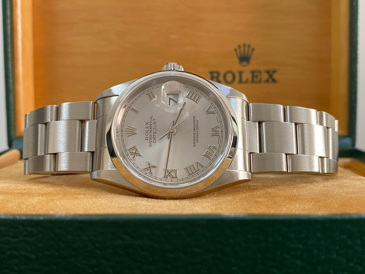 Rolex Steel Datejust 36 - D Serial - Smooth Bezel - Silver Roman Dial - Oyster Bracelet - 16200