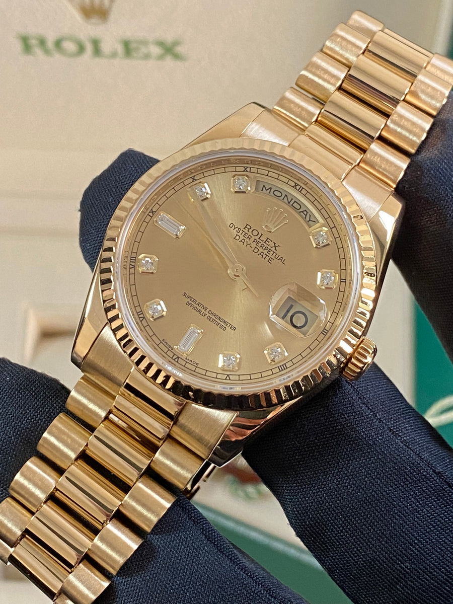 Rolex Yellow Gold Day-Date 36 - 2012 - Fluted Bezel - Factory Diamond Dial - President Bracelet - 118238