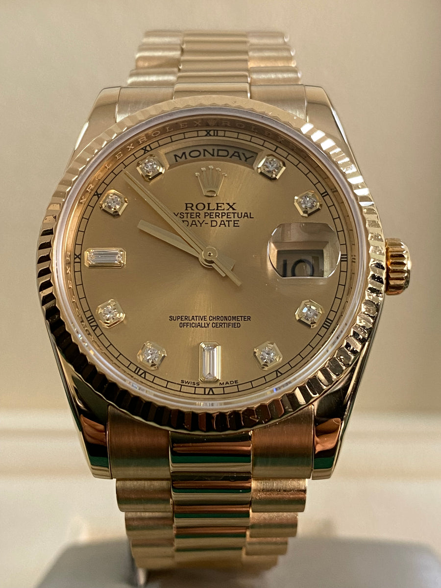 Rolex Yellow Gold Day-Date 36 - 2012 - Fluted Bezel - Factory Diamond Dial - President Bracelet - 118238