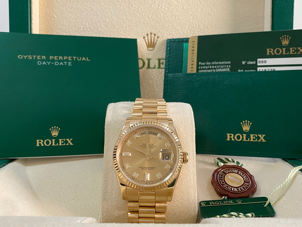 Rolex Yellow Gold Day-Date 36 - 2012 - Fluted Bezel - Factory Diamond Dial - President Bracelet - 118238