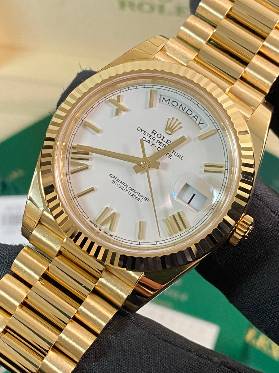 Rolex Yellow Gold Day-Date 40 - 2024 - Fluted Bezel - White Roman Dial - President Bracelet - 228238 *PARTIAL STICKERS*