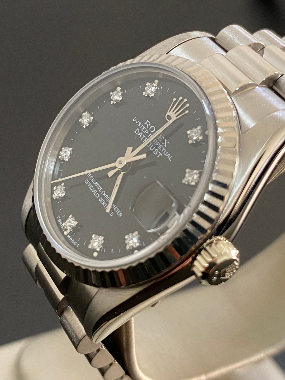 Rolex White Gold Datejust 31 - L Serial - Fluted Bezel - Black Diamond Dial - President Bracelet - 68279