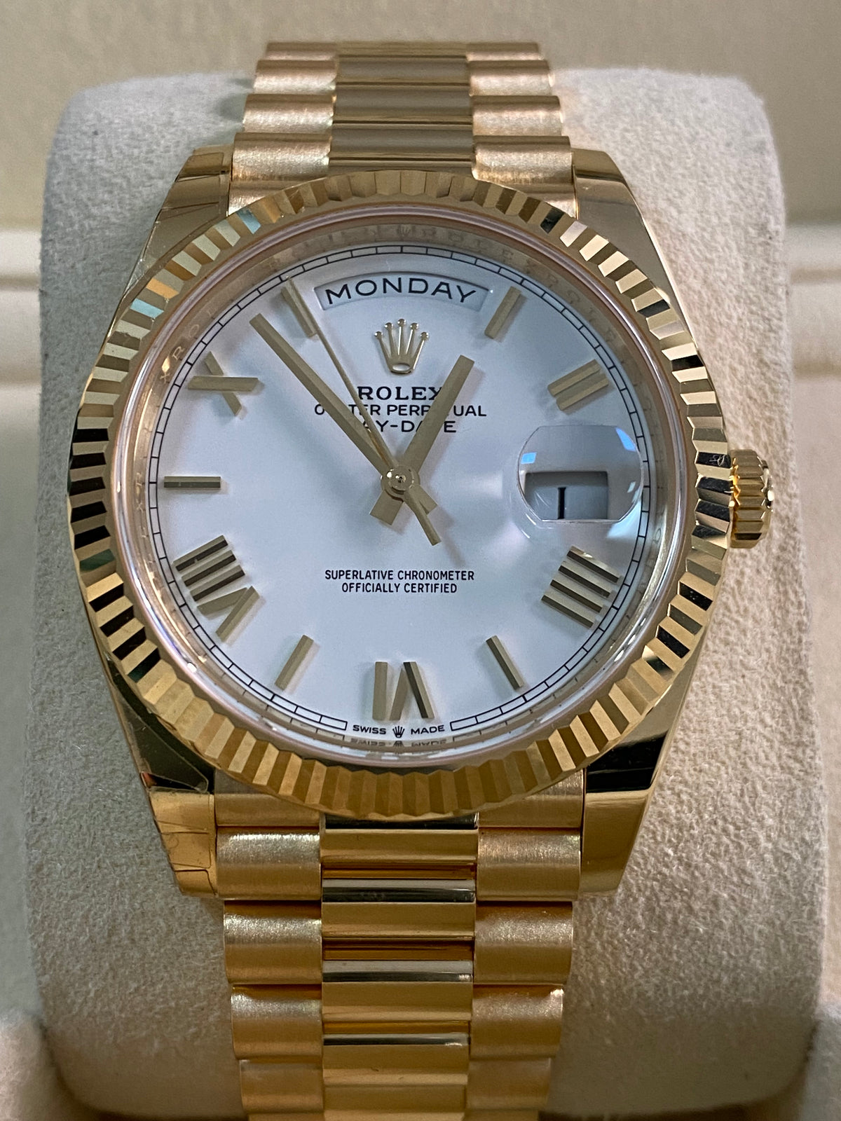 Rolex Yellow Gold Day-Date 40 - 2024 - Fluted Bezel - White Roman Dial - President Bracelet - 228238 *PARTIAL STICKERS*