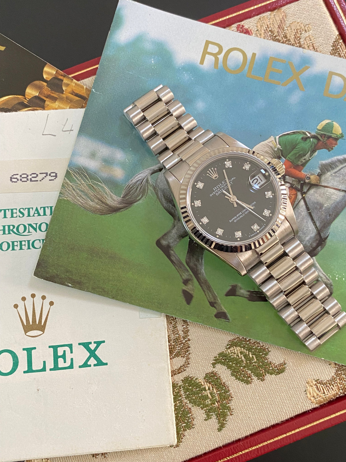 Rolex White Gold Datejust 31 - L Serial - Fluted Bezel - Black Diamond Dial - President Bracelet - 68279