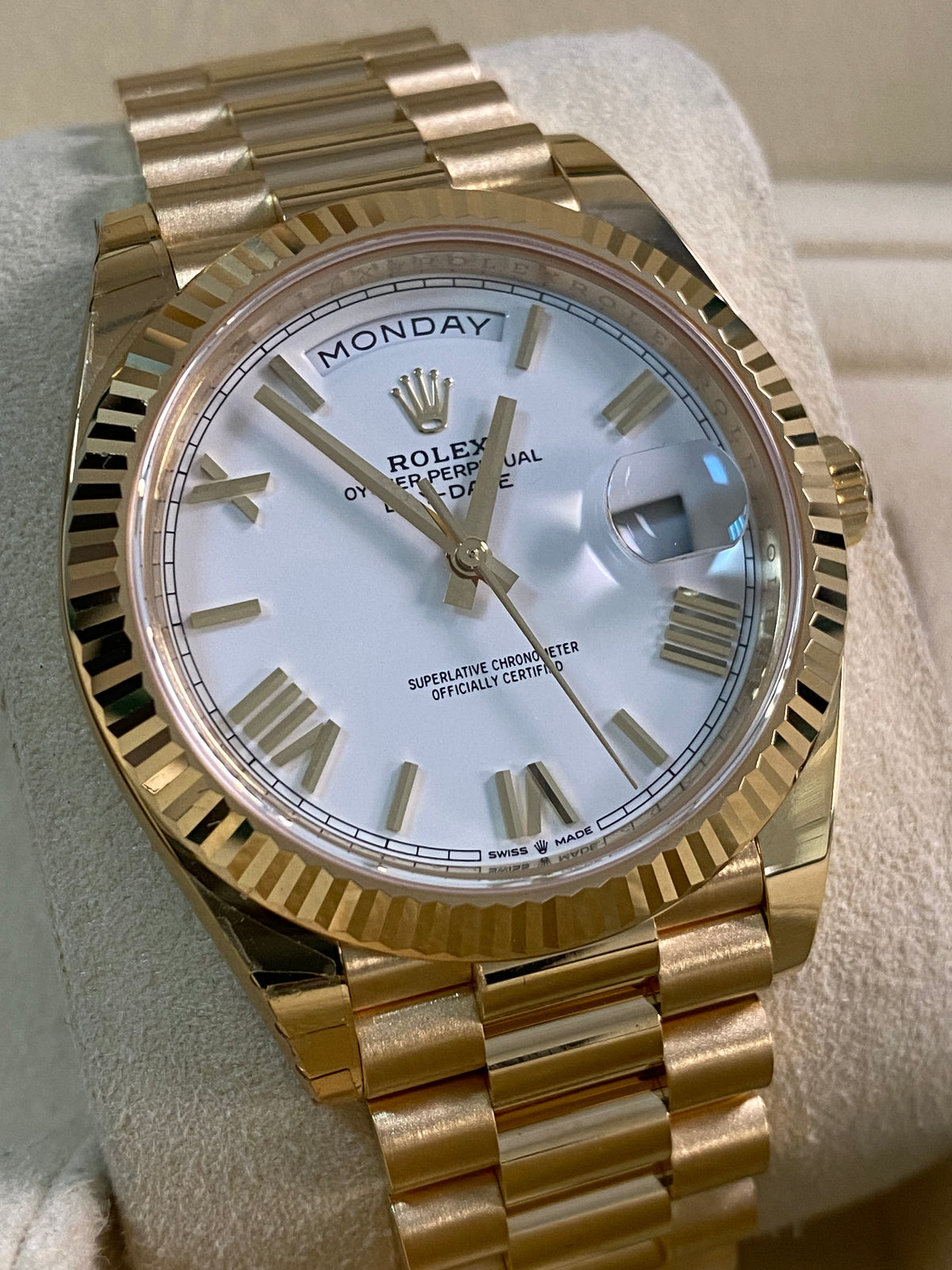 Rolex Yellow Gold Day-Date 40 - 2024 - Fluted Bezel - White Roman Dial - President Bracelet - 228238 *PARTIAL STICKERS*