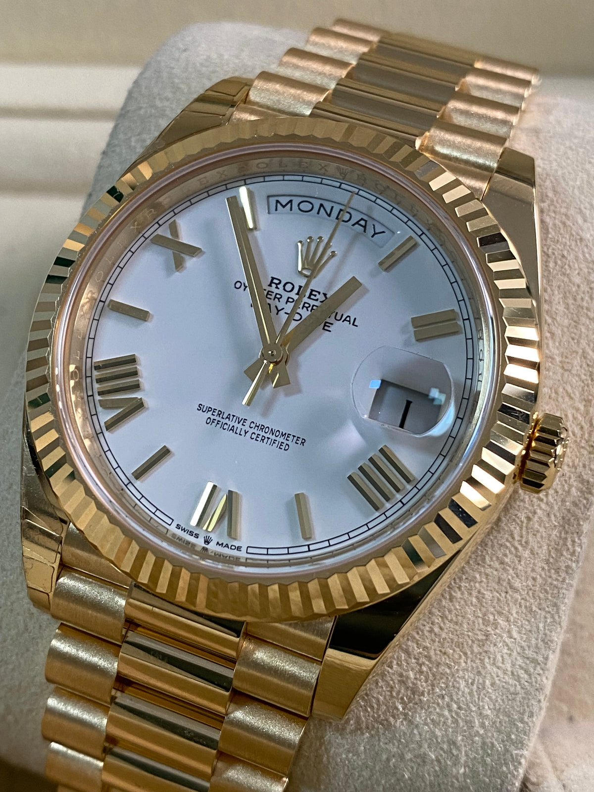 Rolex Yellow Gold Day-Date 40 - 2024 - Fluted Bezel - White Roman Dial - President Bracelet - 228238 *PARTIAL STICKERS*