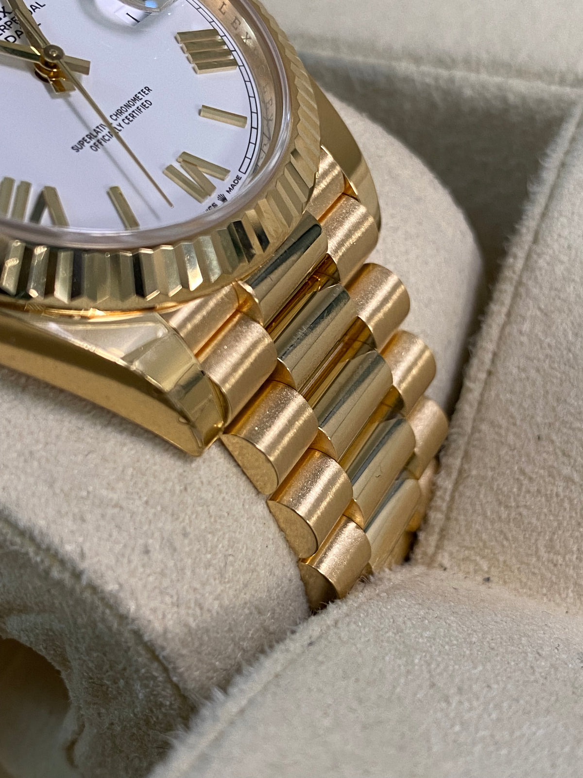 Rolex Yellow Gold Day-Date 40 - 2024 - Fluted Bezel - White Roman Dial - President Bracelet - 228238 *PARTIAL STICKERS*