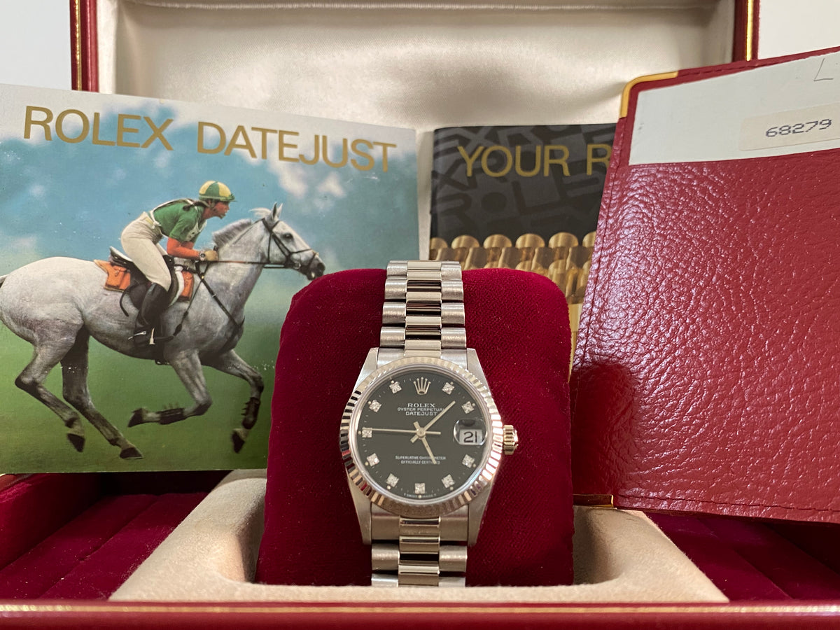 Rolex White Gold Datejust 31 - L Serial - Fluted Bezel - Black Diamond Dial - President Bracelet - 68279