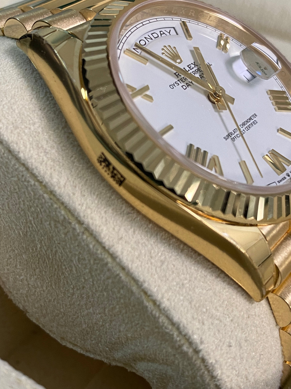 Rolex Yellow Gold Day-Date 40 - 2024 - Fluted Bezel - White Roman Dial - President Bracelet - 228238 *PARTIAL STICKERS*