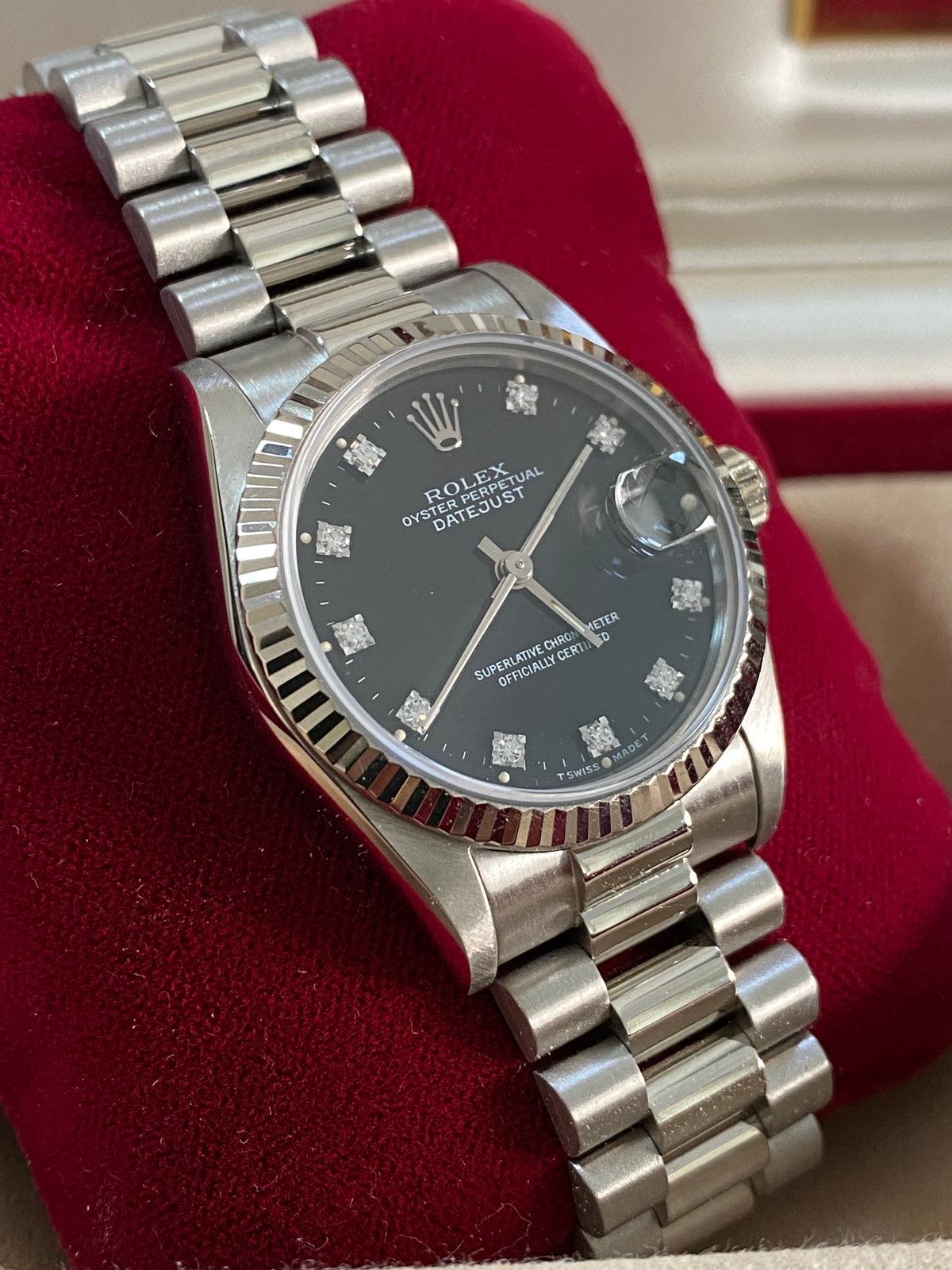 Rolex White Gold Datejust 31 - L Serial - Fluted Bezel - Black Diamond Dial - President Bracelet - 68279