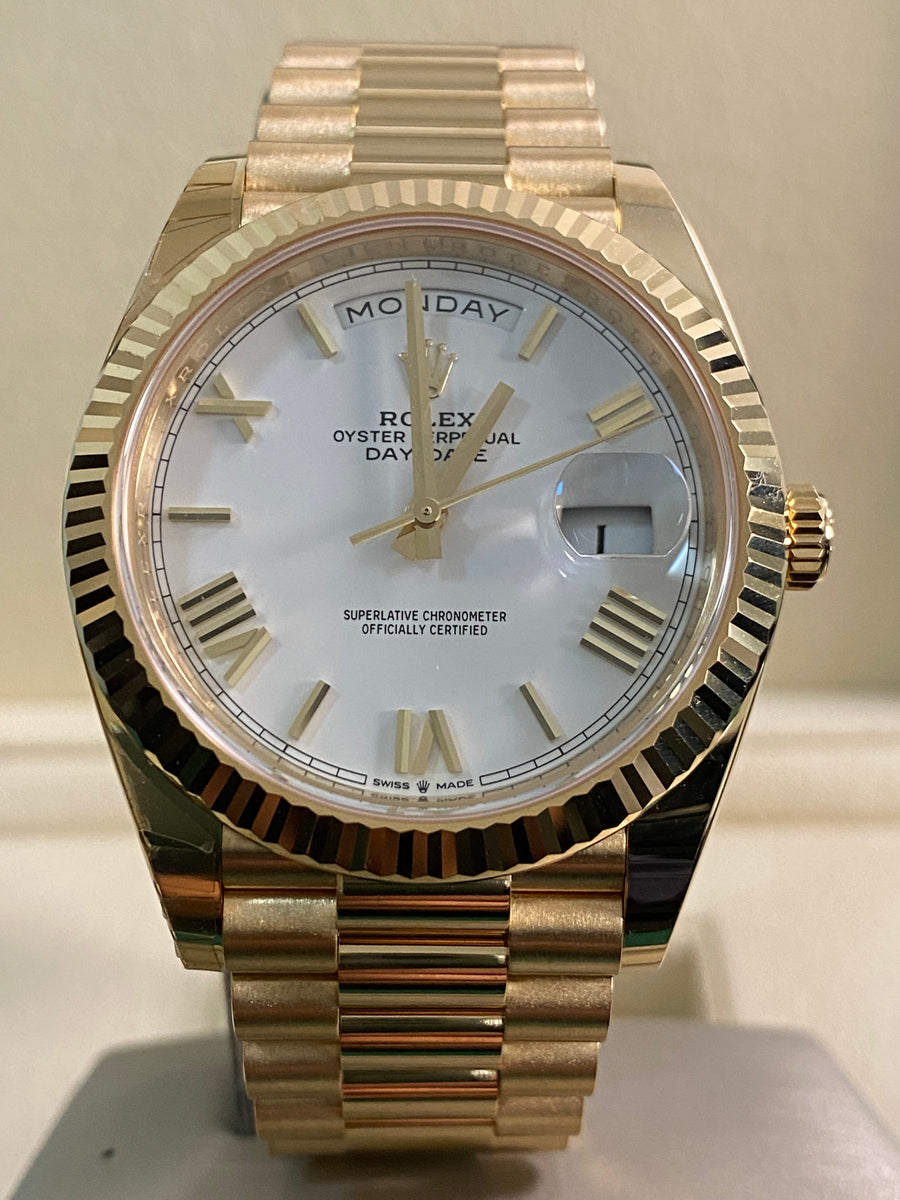 Rolex Yellow Gold Day-Date 40 - 2024 - Fluted Bezel - White Roman Dial - President Bracelet - 228238 *PARTIAL STICKERS*