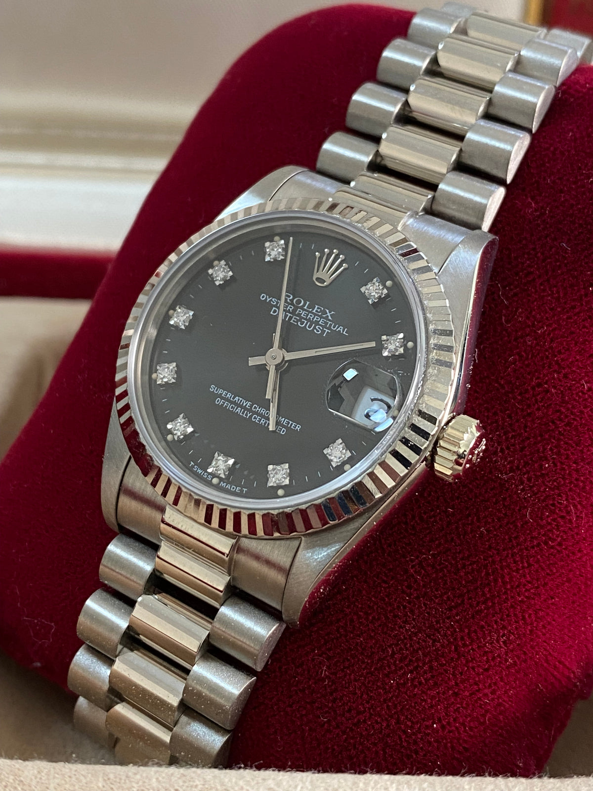 Rolex White Gold Datejust 31 - L Serial - Fluted Bezel - Black Diamond Dial - President Bracelet - 68279