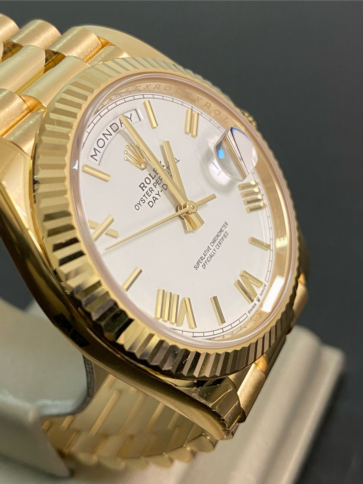 Rolex Yellow Gold Day-Date 40 - 2024 - Fluted Bezel - White Roman Dial - President Bracelet - 228238 *PARTIAL STICKERS*