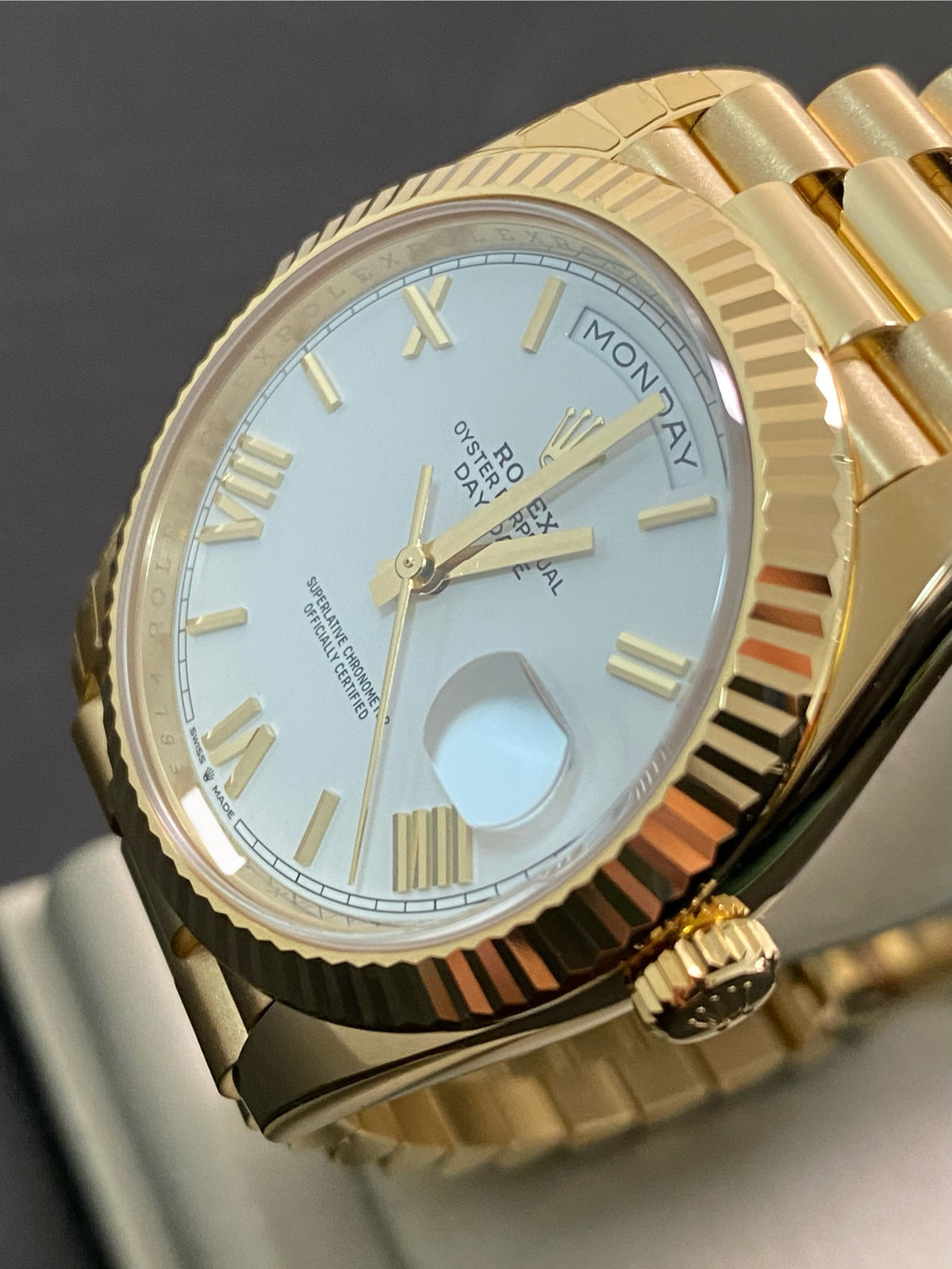 Rolex Yellow Gold Day-Date 40 - 2024 - Fluted Bezel - White Roman Dial - President Bracelet - 228238 *PARTIAL STICKERS*