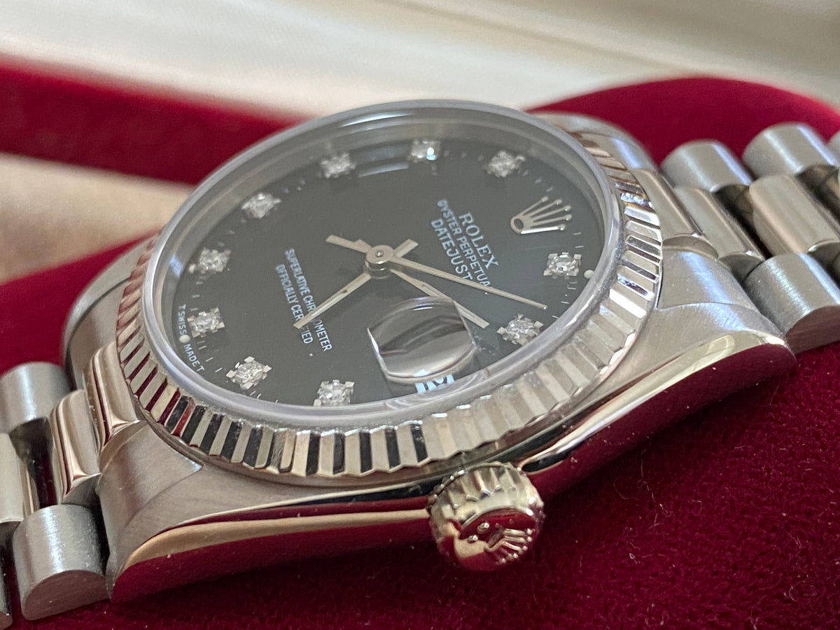 Rolex White Gold Datejust 31 - L Serial - Fluted Bezel - Black Diamond Dial - President Bracelet - 68279