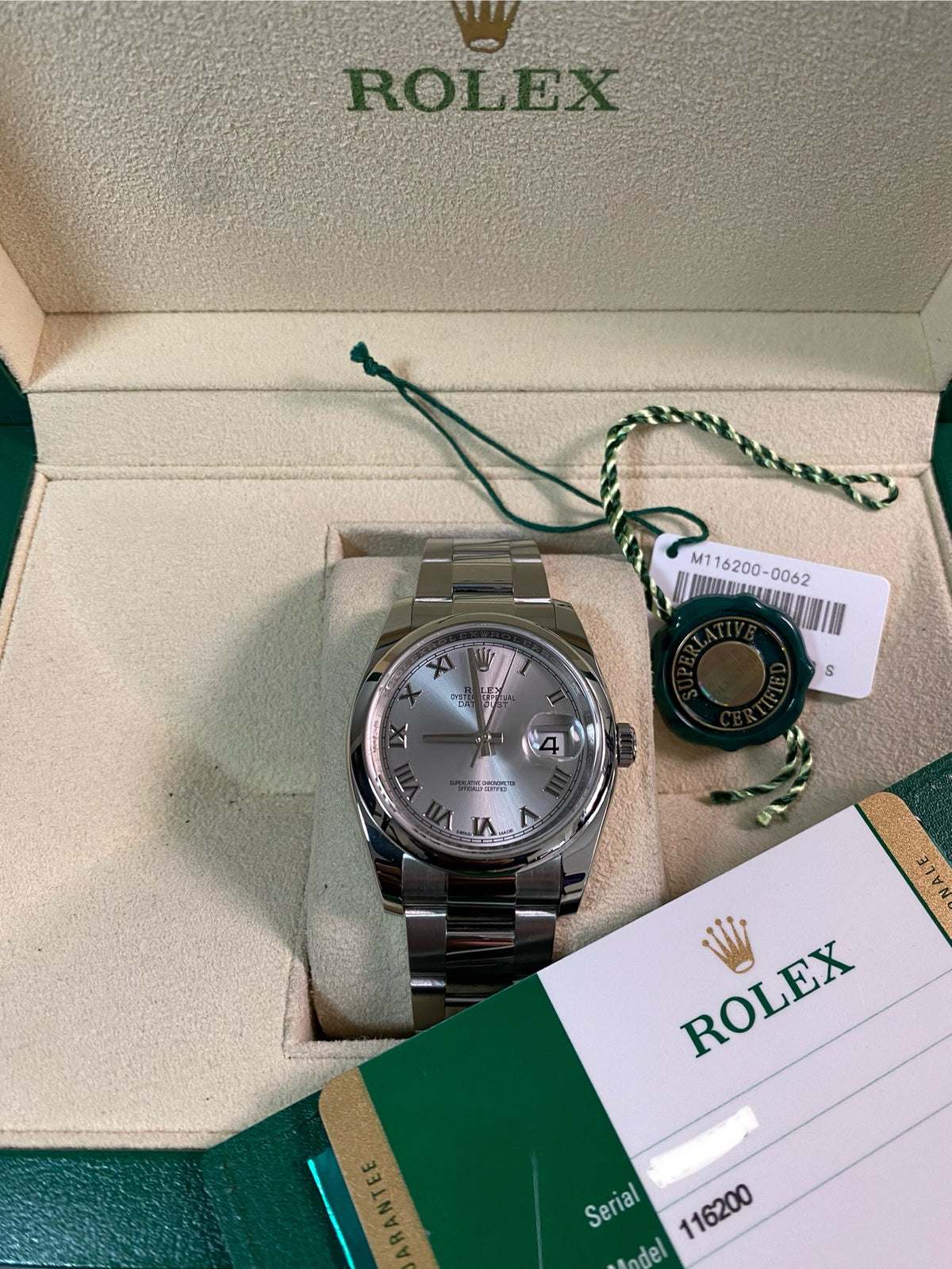 Rolex Steel Datejust 36 - 2016 - Smooth Bezel - Rhodium Roman Dial - Oyster Bracelet - 116200 *FULL SET*