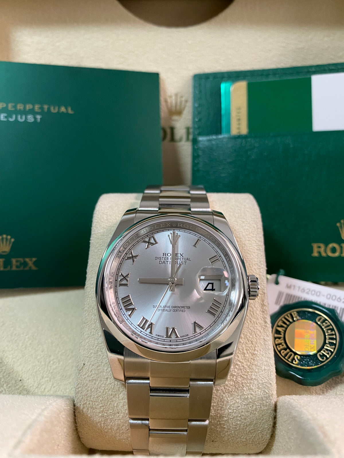 Rolex Steel Datejust 36 - 2016 - Smooth Bezel - Rhodium Roman Dial - Oyster Bracelet - 116200 *FULL SET*