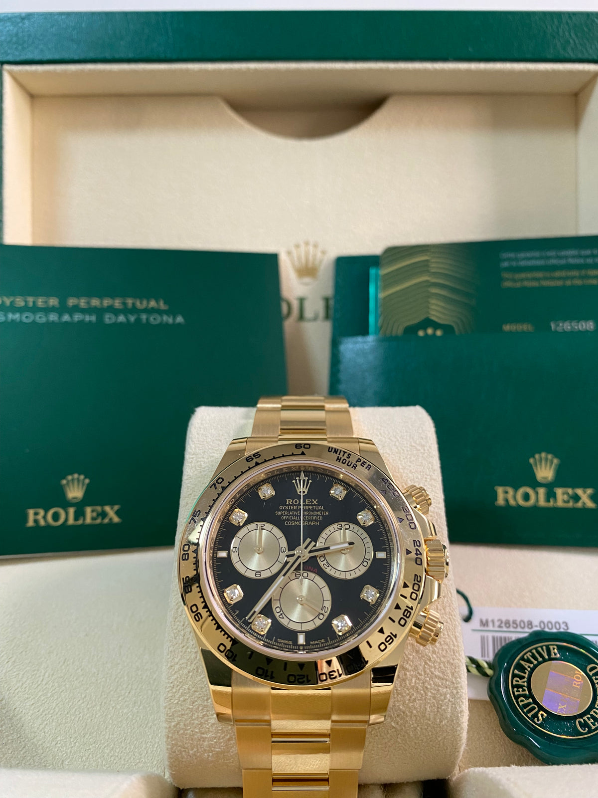 Rolex Yellow Gold Cosmograph Daytona - 2024 - Black Diamond Dial - 126508 *FULL SET*