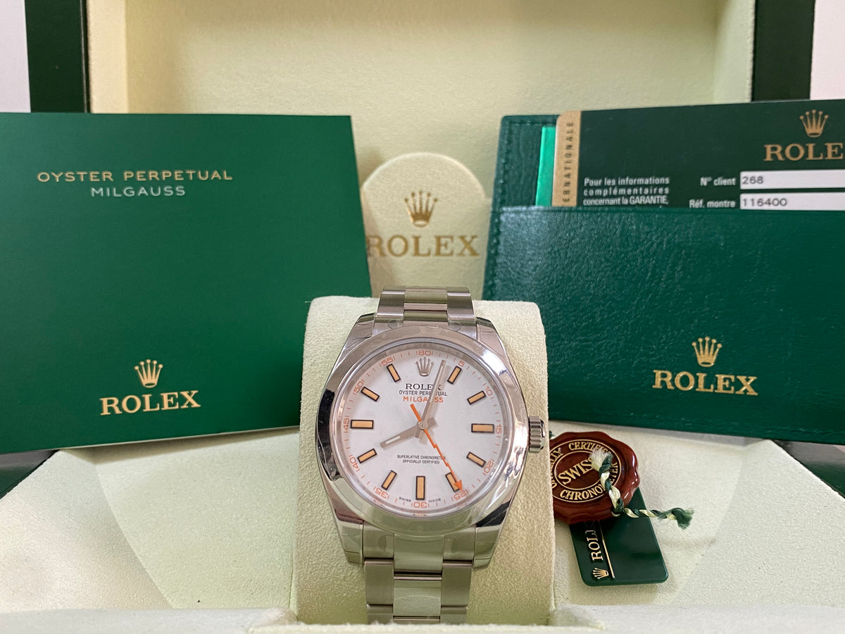 Rolex Milgauss - M serial - White Dial & Orange Accents - 116400 *FULL STICKERS*