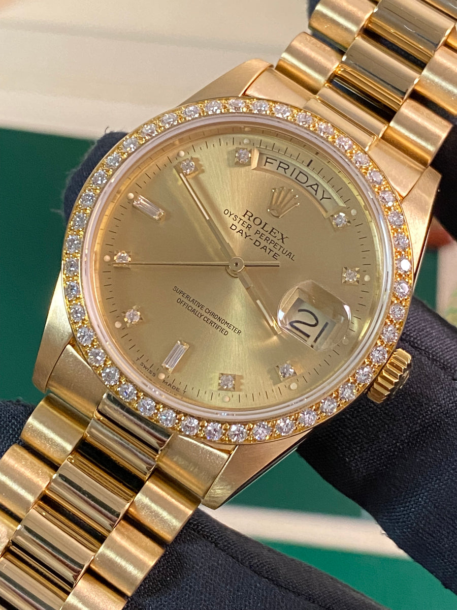 Rolex Yellow Gold Day-Date 36 - Diamond Bezel - Diamond Dial - President Bracelet - 18048