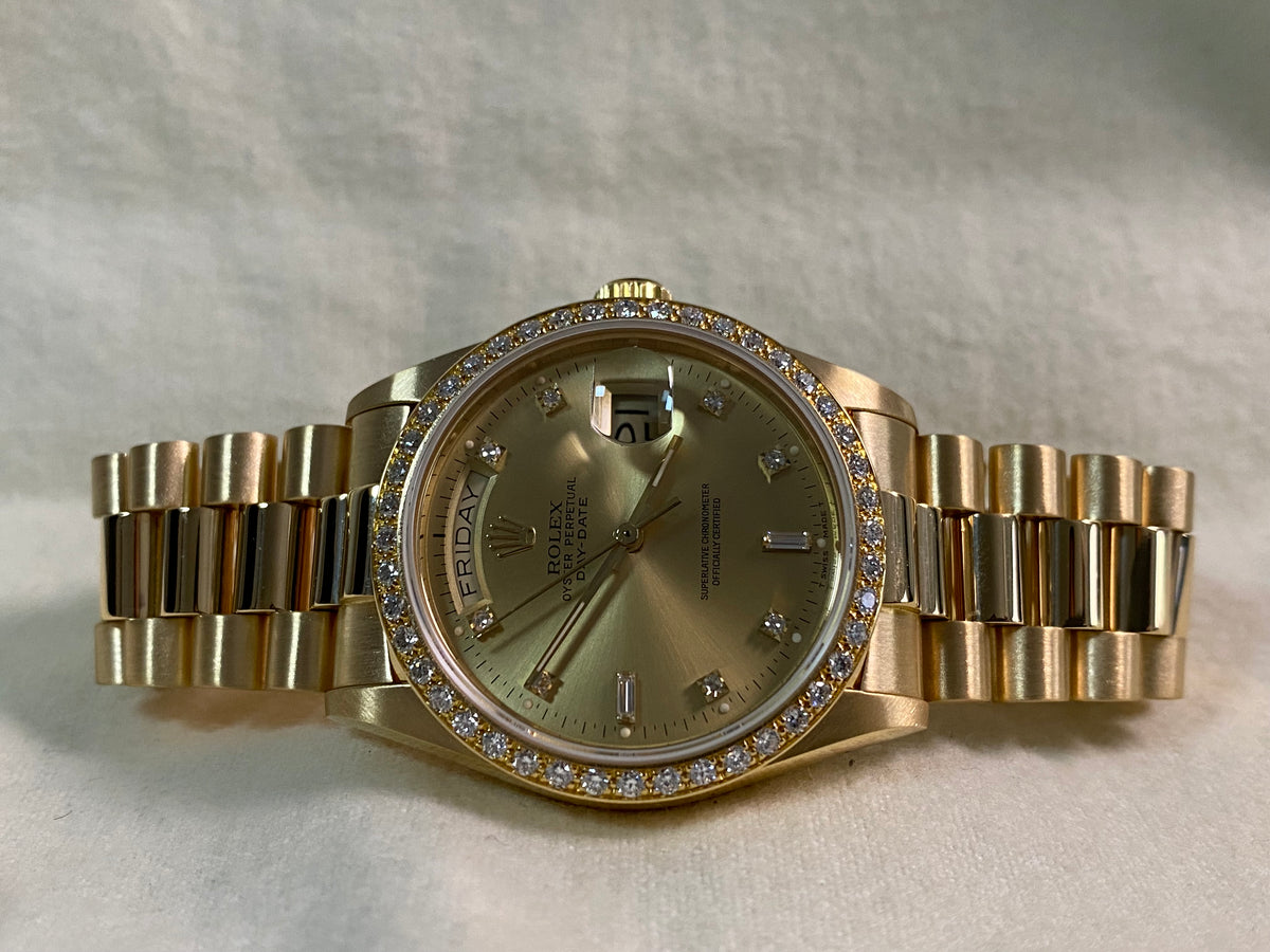 Rolex Yellow Gold Day-Date 36 - Diamond Bezel - Diamond Dial - President Bracelet - 18048