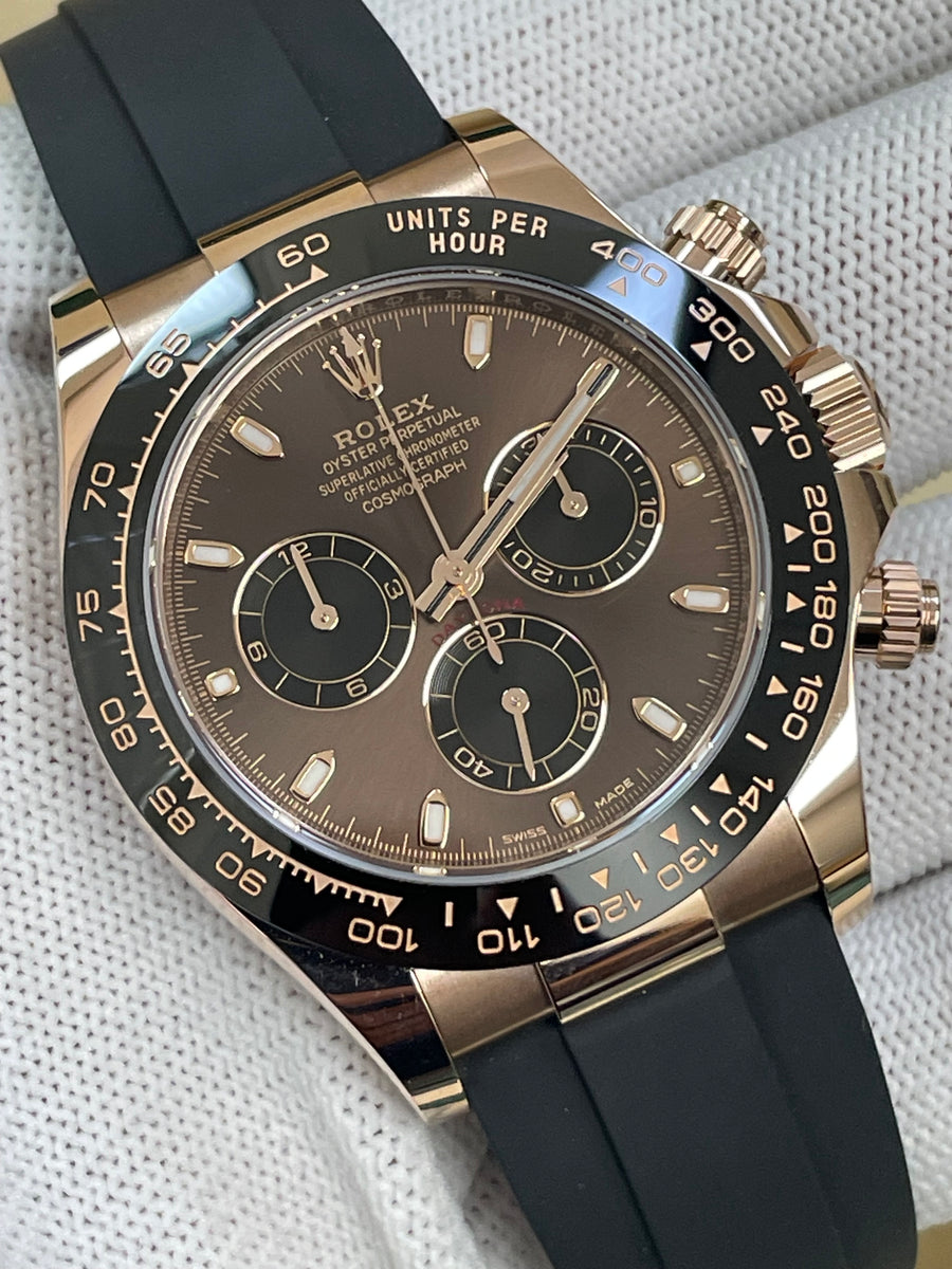 Rolex Everose Gold Cosmograph Daytona - 2023 - Chocolate Index Dial - Black Oysterflex Strap - 116515LN